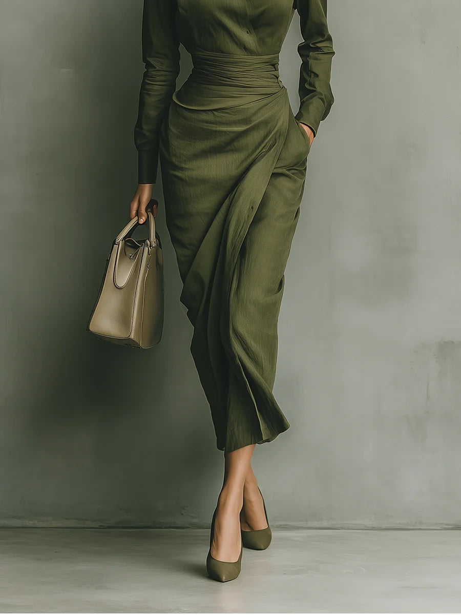 Dames Midi Jurk met Lange Mouwen, Wikkelrok en Getailleerde Rimpelband ##POS:4##