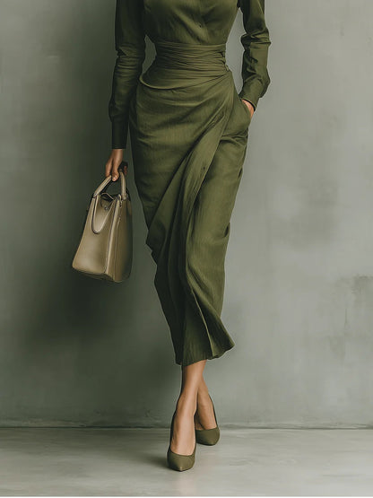 Dames Midi Jurk met Lange Mouwen, Wikkelrok en Getailleerde Rimpelband ##POS:4##