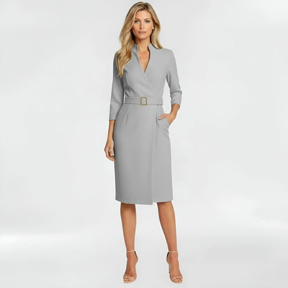 Dames Midi Jurk met V-hals, 3/4 Mouw en Ceintuur – Slim Fit Grijs