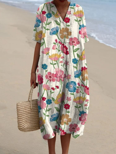 Dames Midi Jurk met V-hals en Korte Mouwen met Bloemenprint Wit Botanische Print