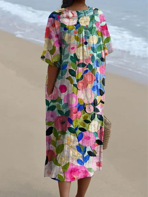 Dames Midi Jurk met V-hals en Korte Mouwen met Bloemenprint