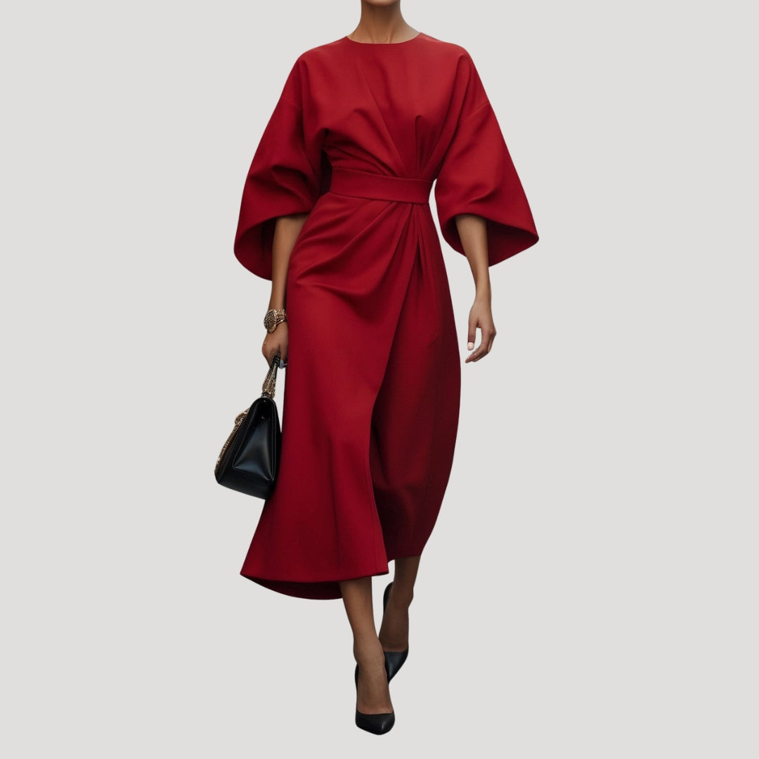 Dames Midi Jurk met Vleermuismouwen en Ceintuur Rood