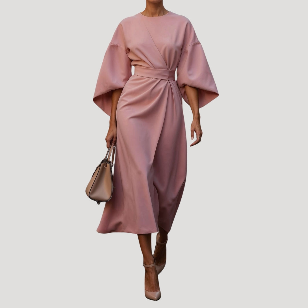 Dames Midi Jurk met Vleermuismouwen en Ceintuur Roze