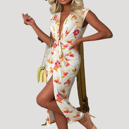 Dames Midi Jurk Mouwloos met Diepe V-hals en Twist Front Detail Wit