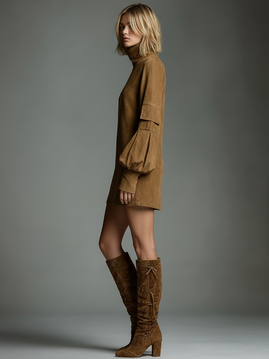 Dames Minijurk met Rolkraag en Ballonmouwen in Oversized Fit