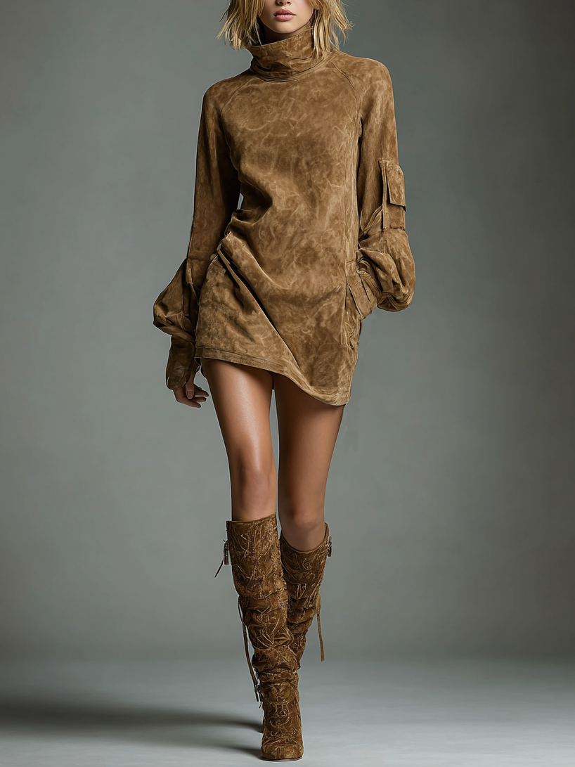Dames Minijurk met Rolkraag en Ballonmouwen in Oversized Fit