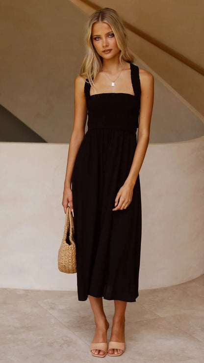 Dames Mouwloze Maxi Jurk met Vierkante Hals, Smock Detail en Open Rug Zwart