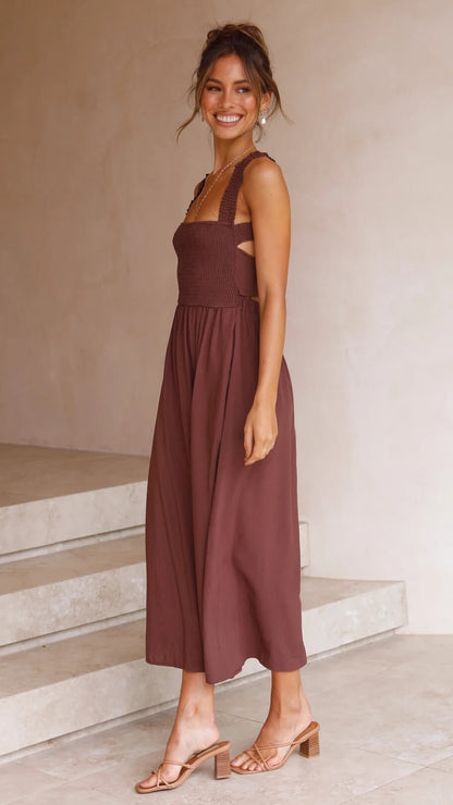 Dames Mouwloze Maxi Jurk met Vierkante Hals, Smock Detail en Open Rug
