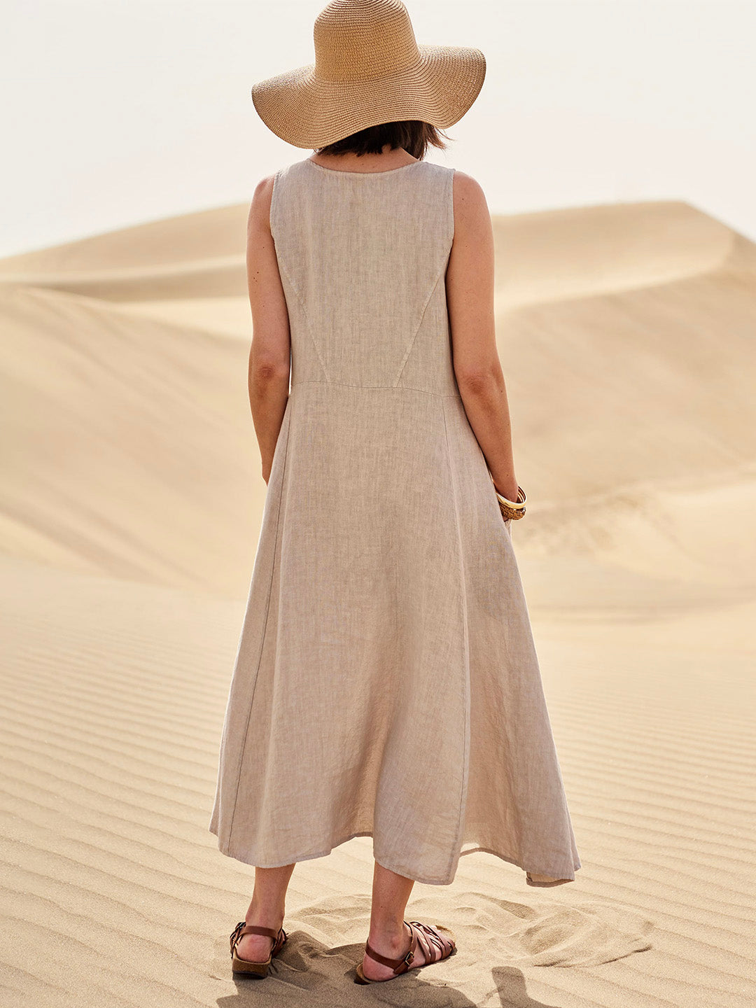 Dames Mouwloze Maxi Jurk met Zakken en Ronde Hals