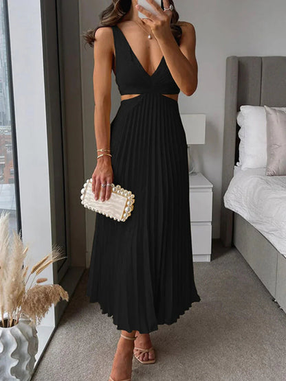 Dames Mouwloze Midi Jurk met V-hals en Geplooide Rok en Cut-out Taille Zwart