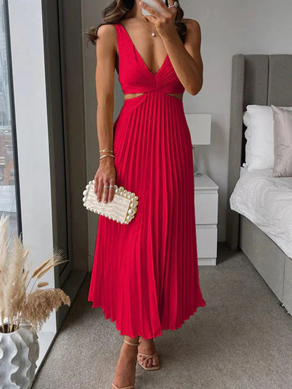 Dames Mouwloze Midi Jurk met V-hals en Geplooide Rok en Cut-out Taille Rood