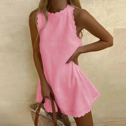 Dames Mouwloze Mini Jurk met Festonrand Roze