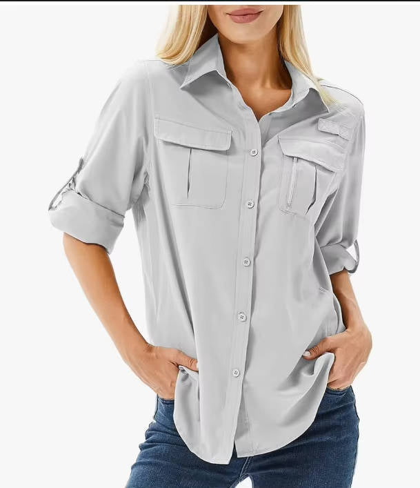 Dames Outdoor shirt met Lange Mouw, Oprolbare Mouwen Lichtgrijs