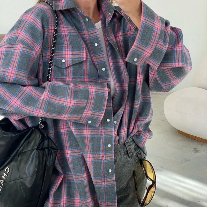 Dames Overhemd Geruit Oversized Lange Mouw met Knoopsluiting