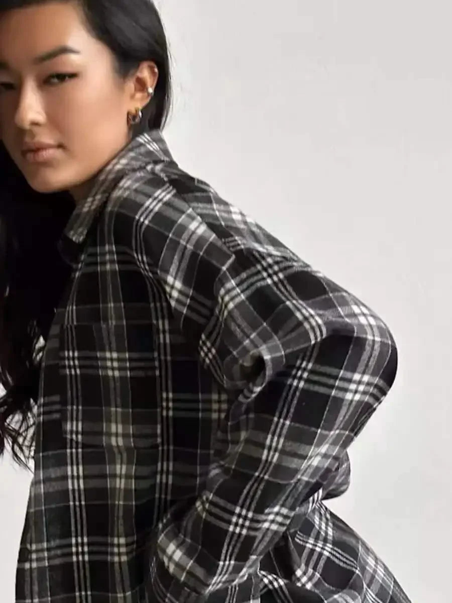 Dames Overhemd Geruit Oversized Lange Mouw met Knoopsluiting Zwart