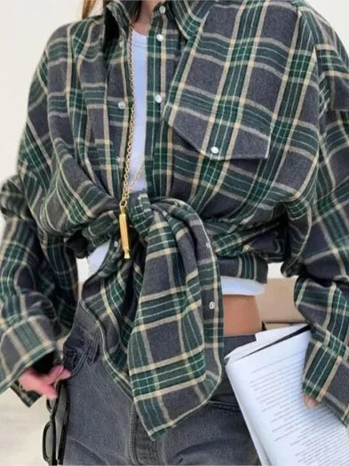 Dames Overhemd Geruit Oversized Lange Mouw met Knoopsluiting Donkergroen