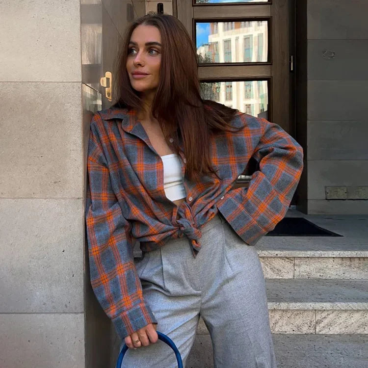 Dames Overhemd Geruit Oversized Lange Mouw met Knoopsluiting