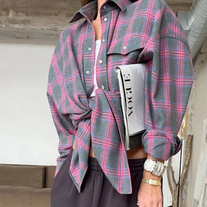 Dames Overhemd Geruit Oversized Lange Mouw met Knoopsluiting