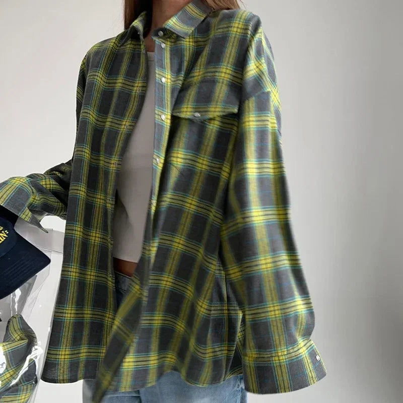 Dames Overhemd Geruit Oversized Lange Mouw met Knoopsluiting