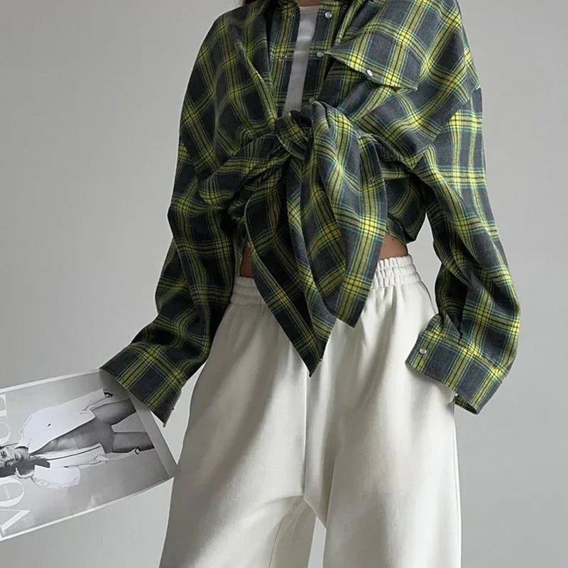 Dames Overhemd Geruit Oversized Lange Mouw met Knoopsluiting
