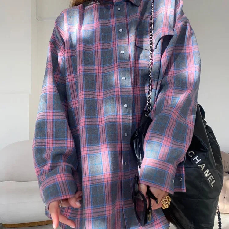 Dames Overhemd Geruit Oversized Lange Mouw met Knoopsluiting Roze