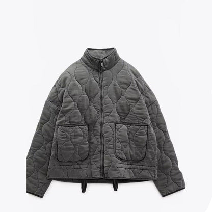 Dames Oversized Gewatteerde Jas Kort met Rits & Steekzakken Grijs