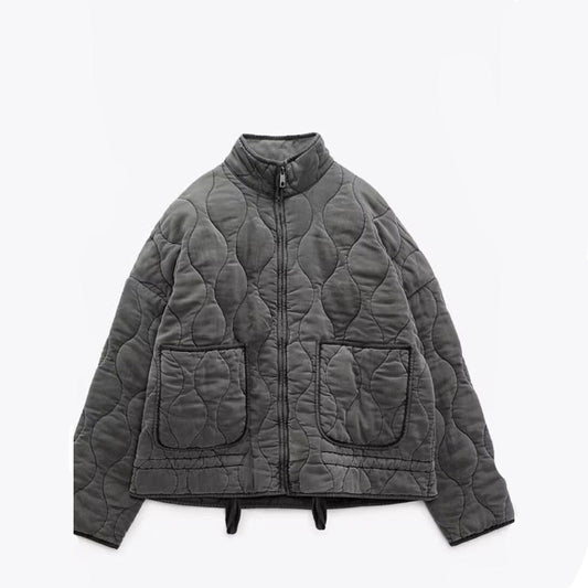 Dames Oversized Gewatteerde Jas Kort met Rits & Steekzakken Grijs