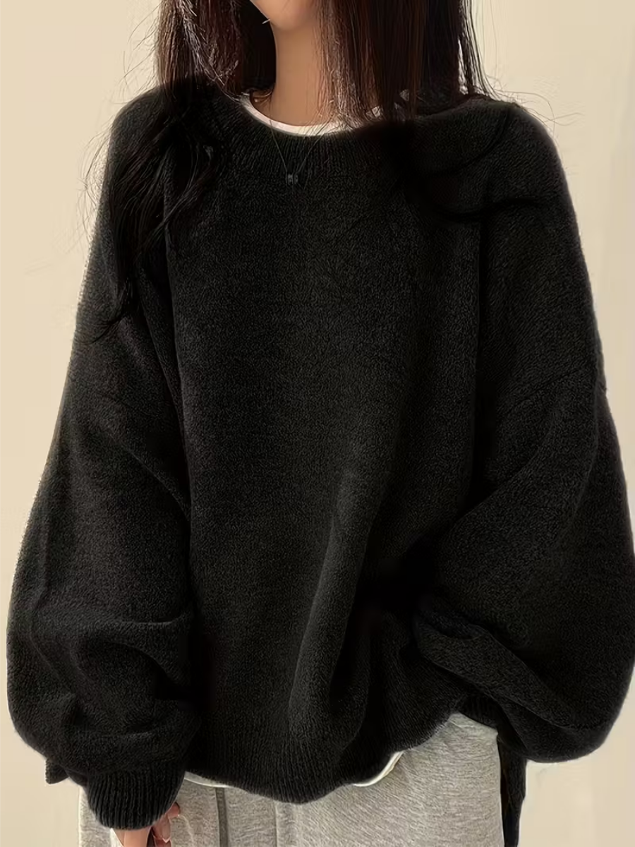 Dames Oversized Trui met Ronde Hals en Zijsplit voor Herfst en Winter Zwart
