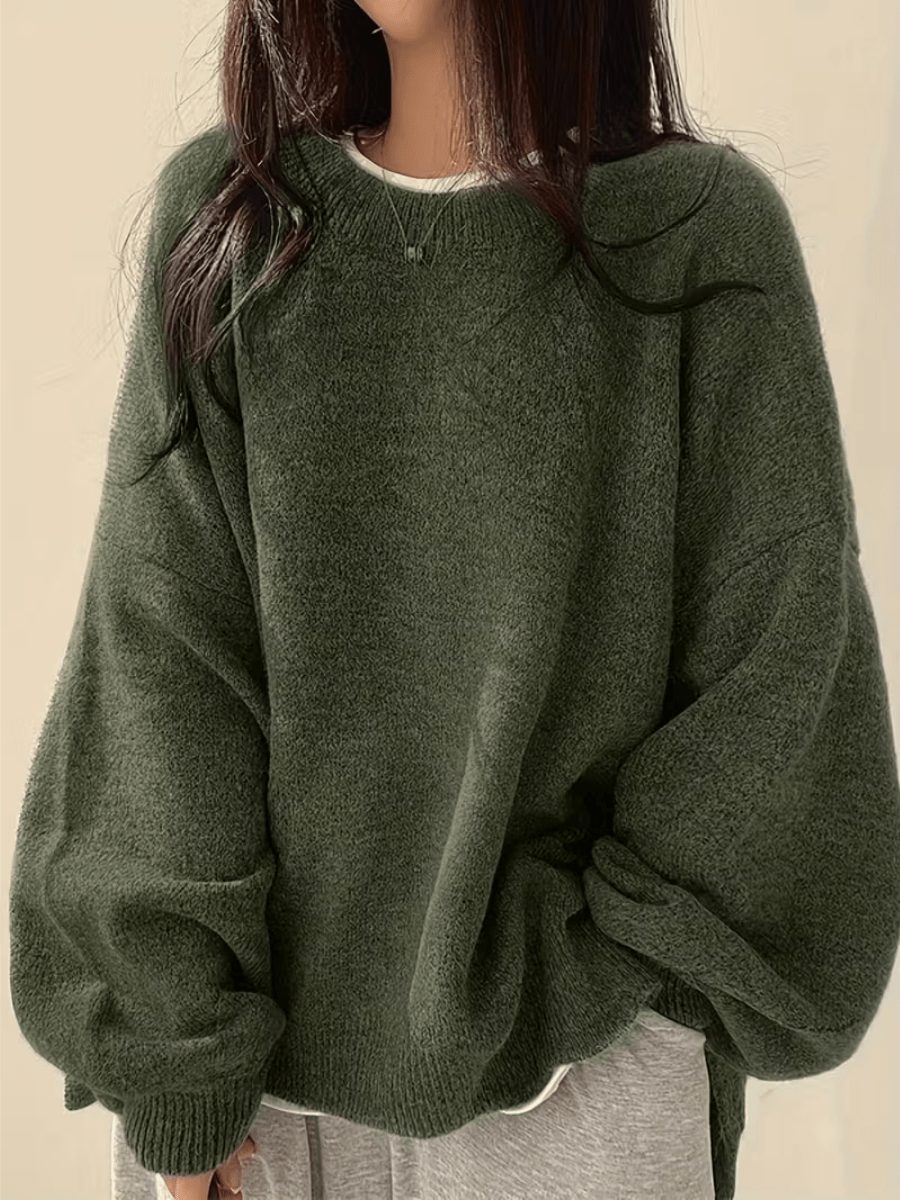 Dames Oversized Trui met Ronde Hals en Zijsplit voor Herfst en Winter Groen