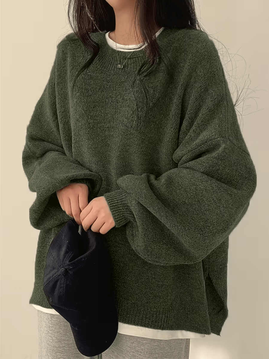 Dames Oversized Trui met Ronde Hals en Zijsplit voor Herfst en Winter