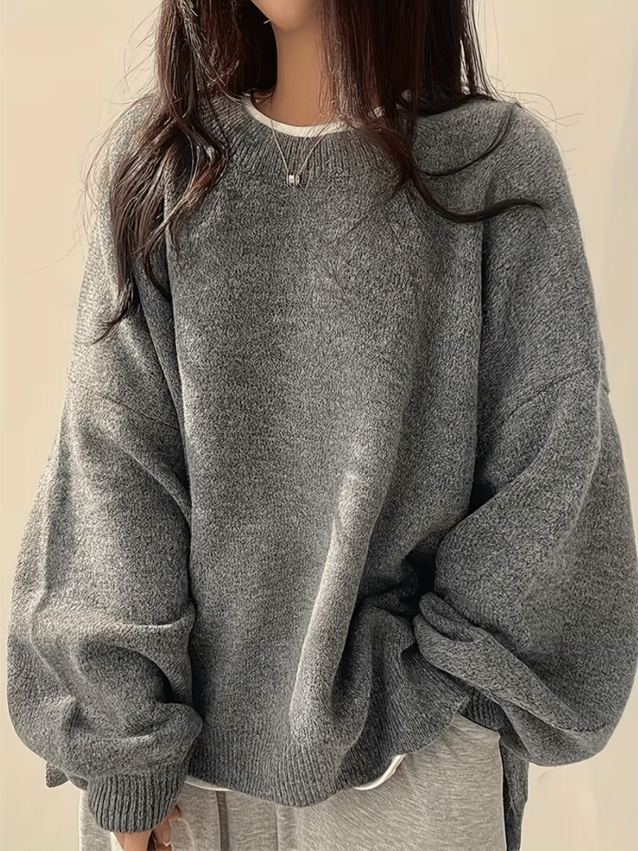 Dames Oversized Trui met Ronde Hals en Zijsplit voor Herfst en Winter Grijs
