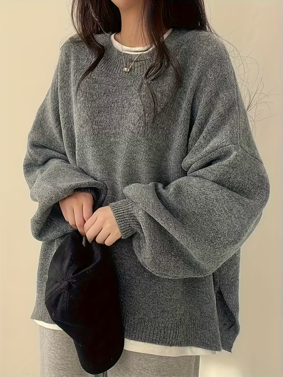 Dames Oversized Trui met Ronde Hals en Zijsplit voor Herfst en Winter