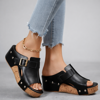 Dames Platform Sandalen met Gesp en Kurken Wedge Zool Zwart