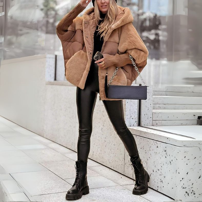 Dames Puffer Jacket met Capuchon en Faux Fur Details Oversized