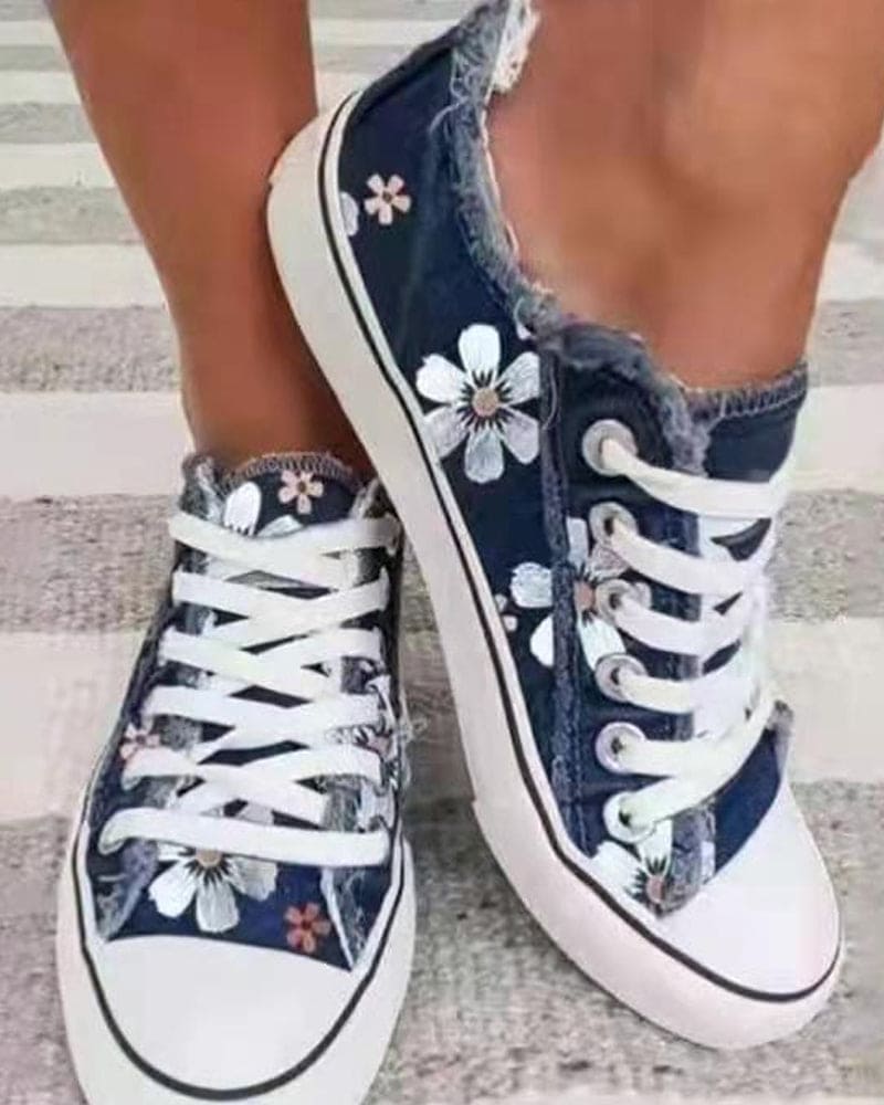 Dames Sneakers met Bloemenprint en Gerafelde Rand Donkerblauw