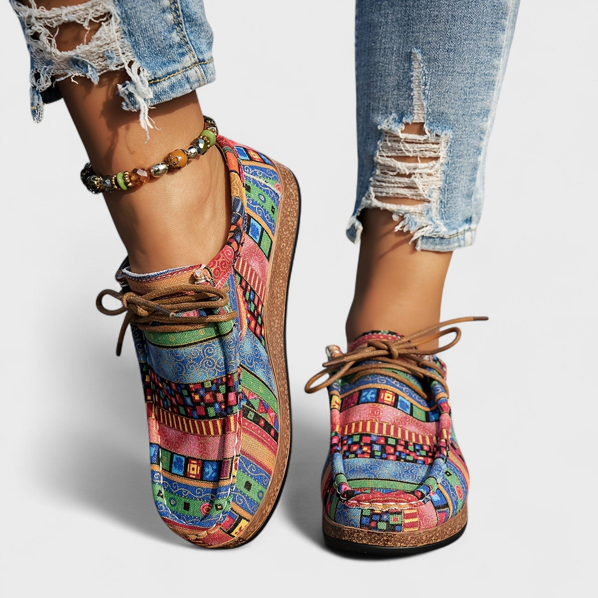 Dames Sneakers met Bohemian Print en Vetersluiting
