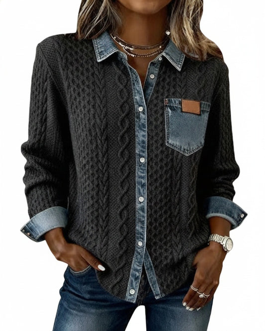 Dames Sweater Lange Mouw met Denim Details en Knoopsluiting