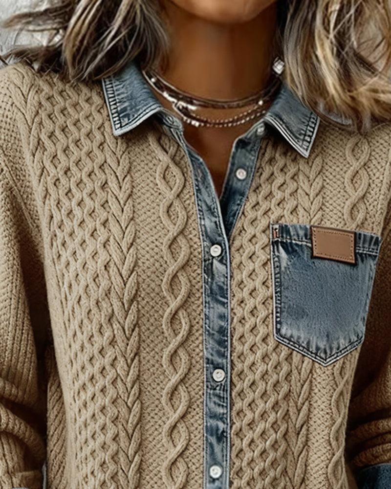 Dames Sweater Lange Mouw met Denim Details en Knoopsluiting ##POS:11##