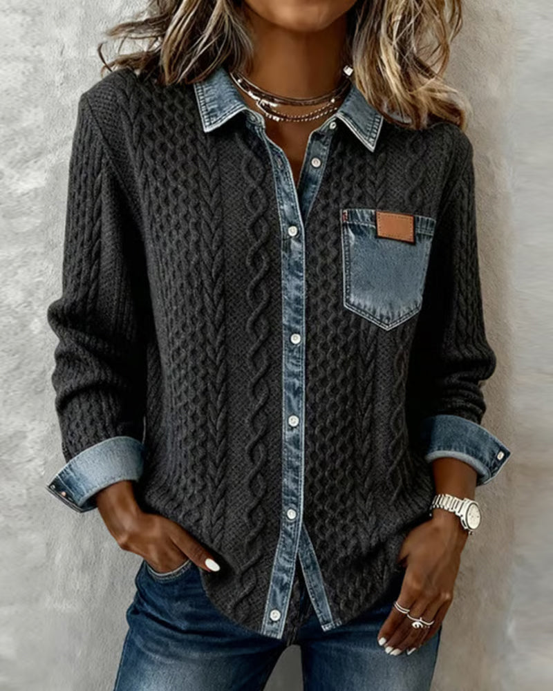Dames Sweater Lange Mouw met Denim Details en Knoopsluiting