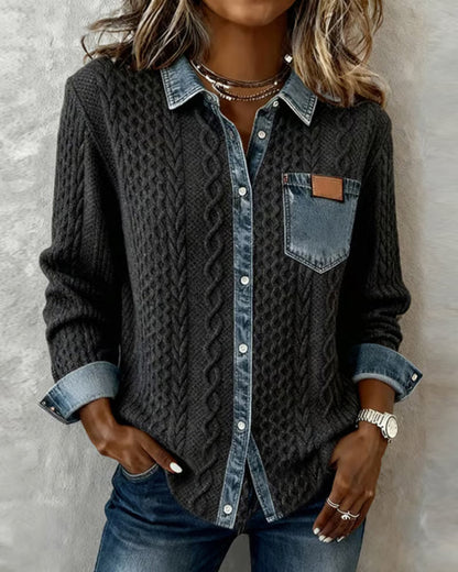 Dames Sweater Lange Mouw met Denim Details en Knoopsluiting