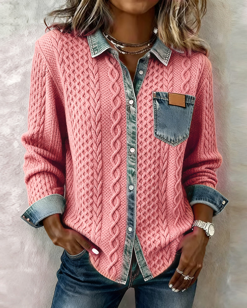 Dames Sweater Lange Mouw met Denim Details en Knoopsluiting
