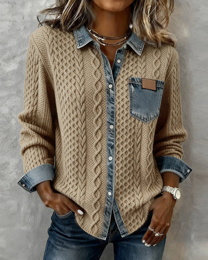 Dames Sweater Lange Mouw met Denim Details en Knoopsluiting