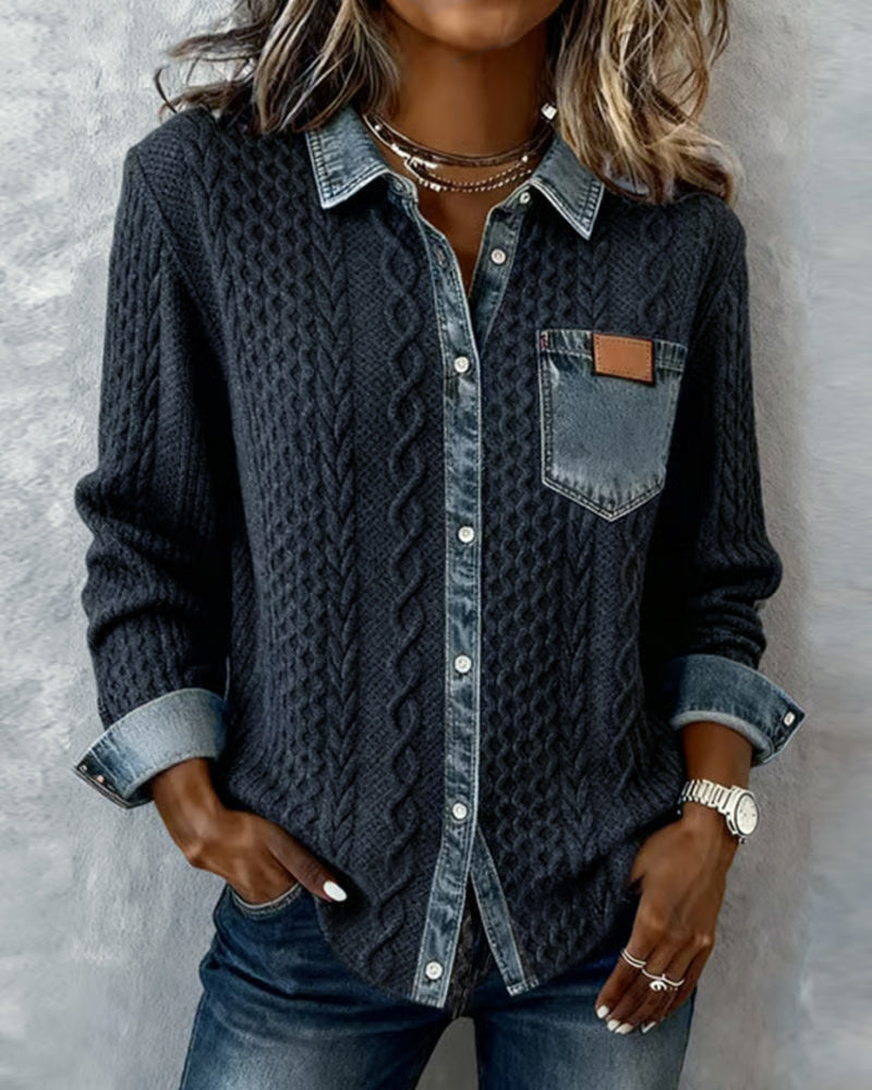 Dames Sweater Lange Mouw met Denim Details en Knoopsluiting