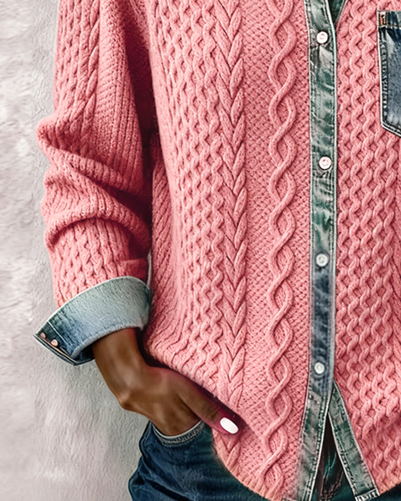 Dames Sweater Lange Mouw met Denim Details en Knoopsluiting ##POS:9##
