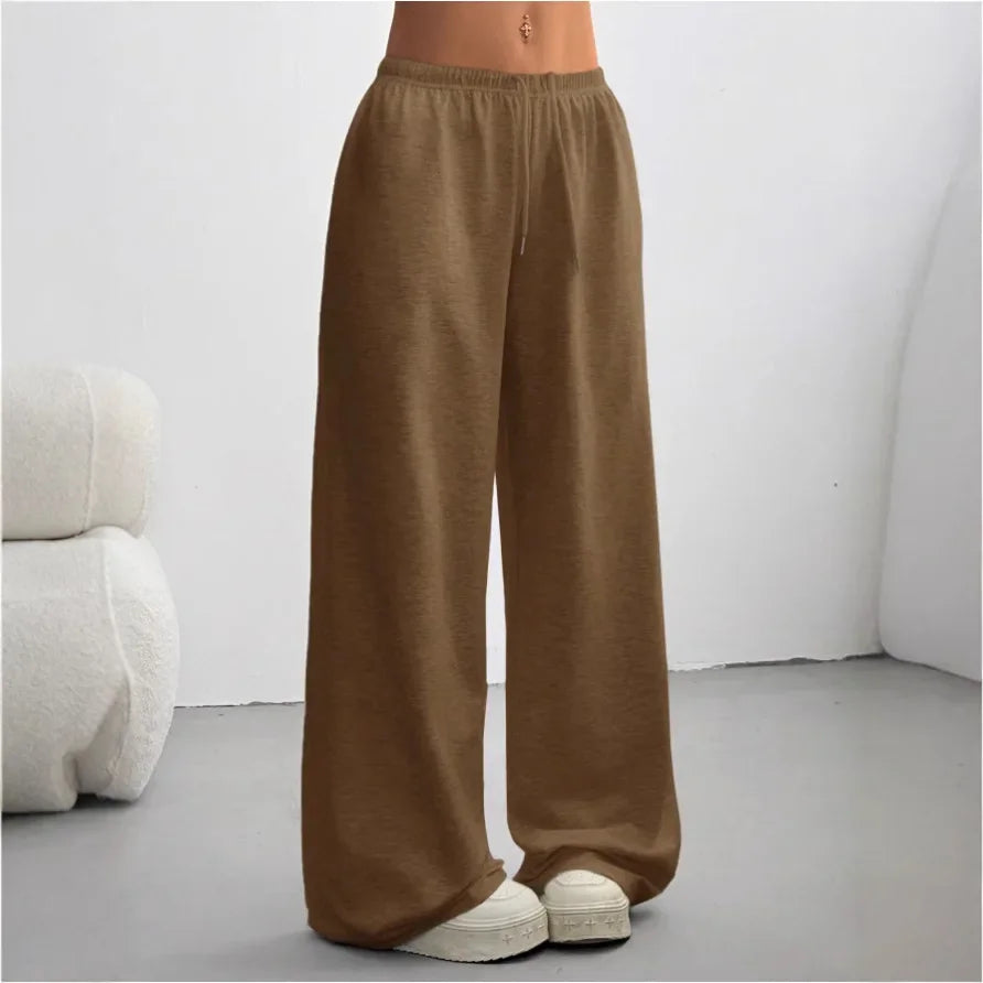 Dames Sweatpants Wide Leg met Elastische Taille en Trekkoord Donkerbruin
