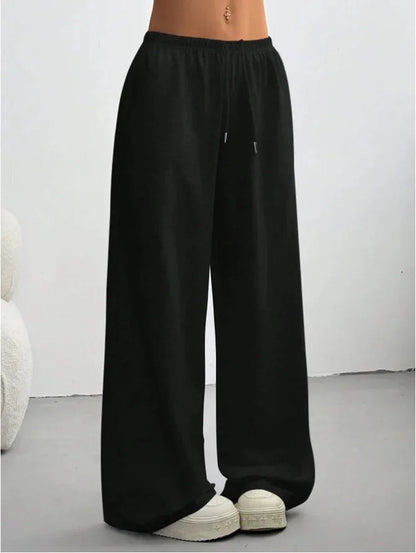 Dames Sweatpants Wide Leg met Elastische Taille en Trekkoord Zwart