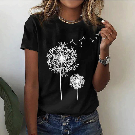 Dames T-shirt Korte Mouw met Ronde Hals en Paardenbloem Print Zwart