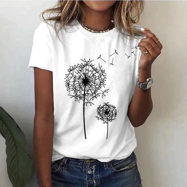 Dames T-shirt Korte Mouw met Ronde Hals en Paardenbloem Print Wit
