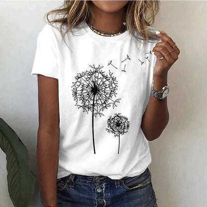 Dames T-shirt Korte Mouw met Ronde Hals en Paardenbloem Print Wit