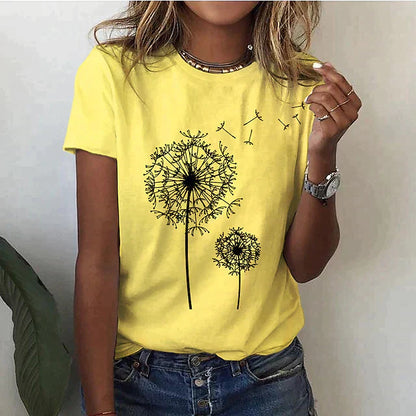 Dames T-shirt Korte Mouw met Ronde Hals en Paardenbloem Print Geel